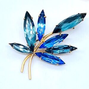 Cobalt Blue Floral Brooch Vintage 2.25 inch Navette Rhinestone Unmarked